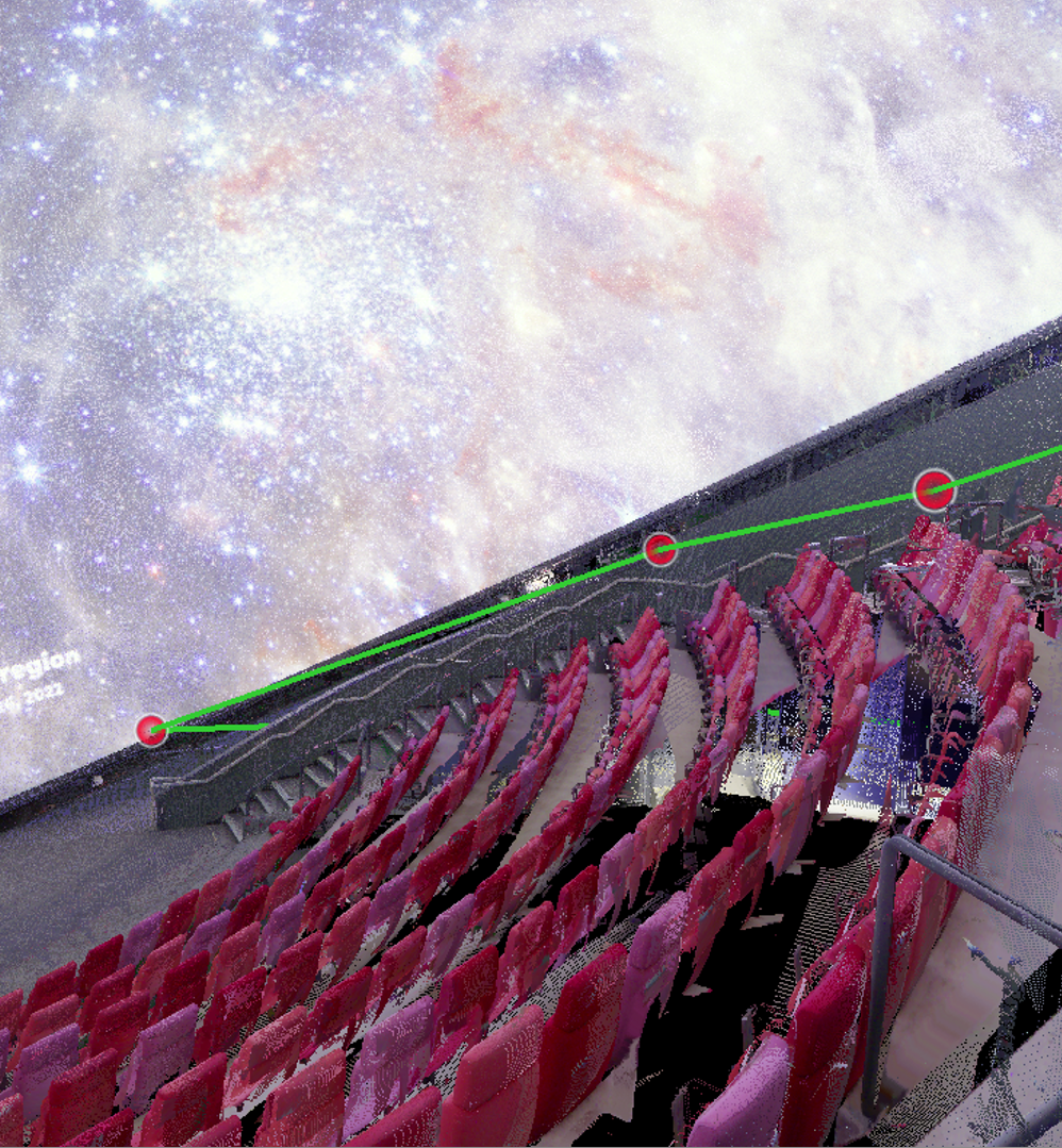 Colourised point cloud of planetarium seating area with measurement line